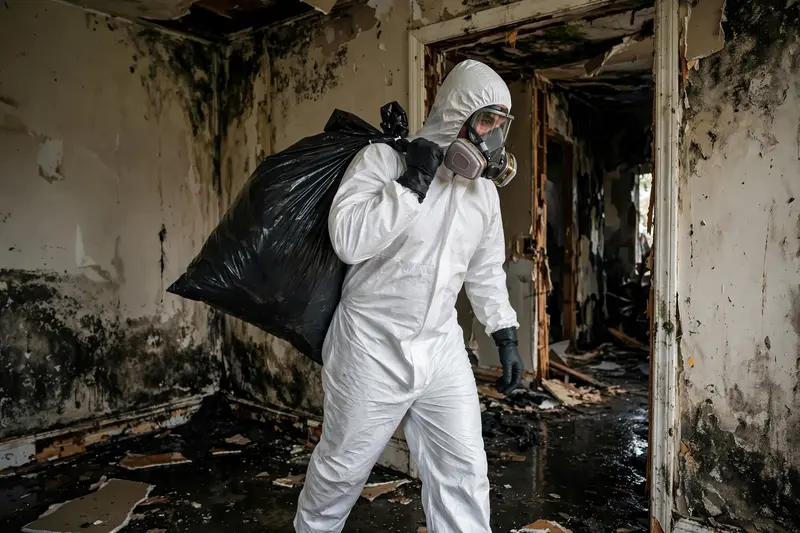 Worker in a protective suit removing contaminated debris during black water damage restoration