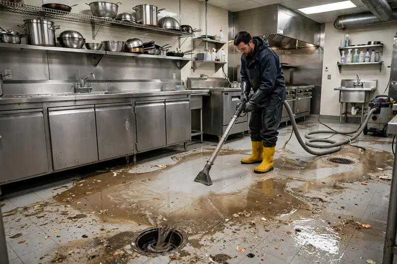 Worker extracting sewage from a commercial kitchen floor in Haltom City