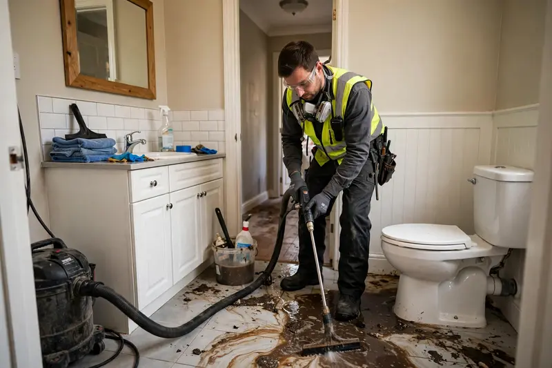 Technician extracting sewage from a residential bathroom during sewage backup cleanup in Haltom City