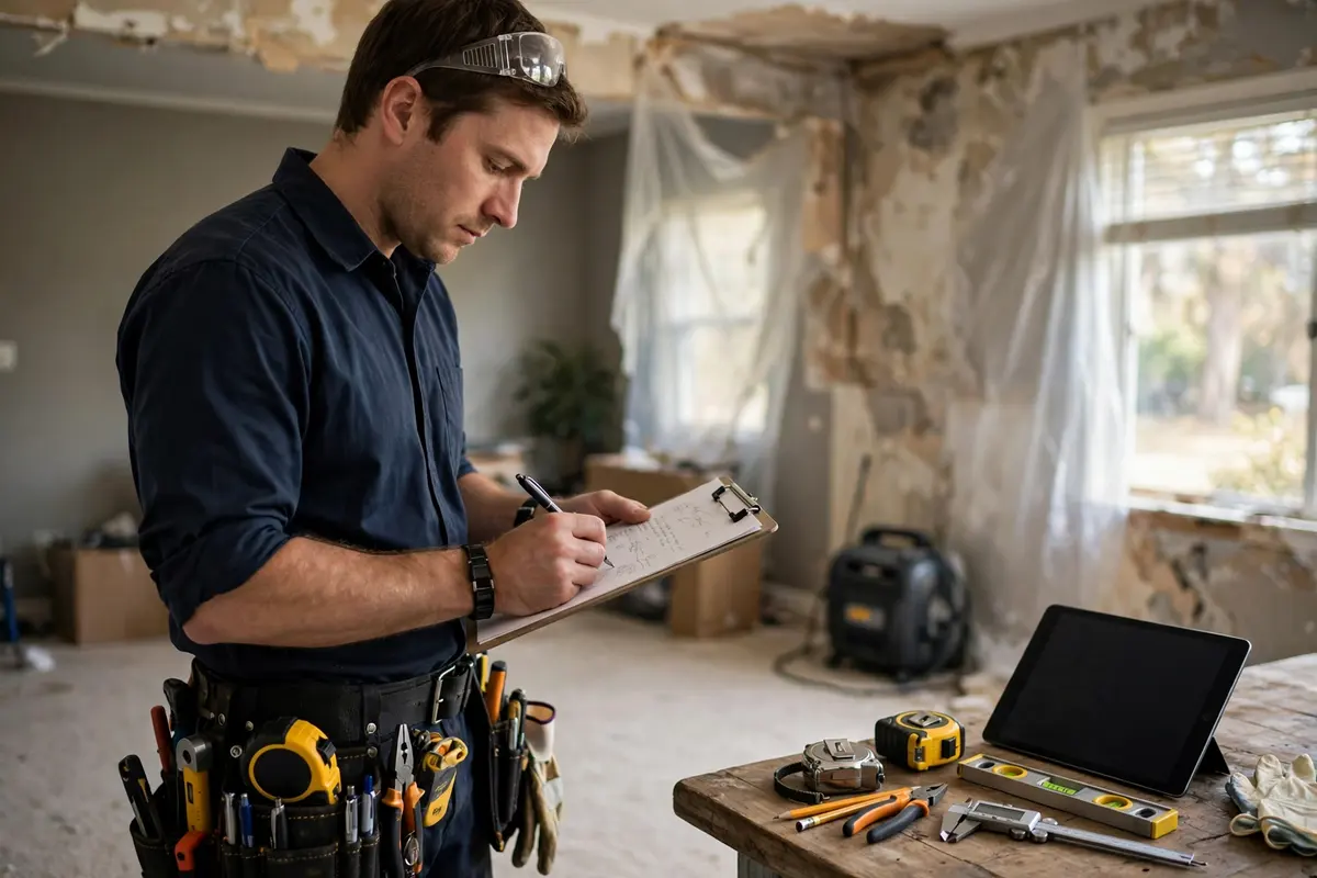 Provider assessing the scope of a sewage cleanup job before quoting